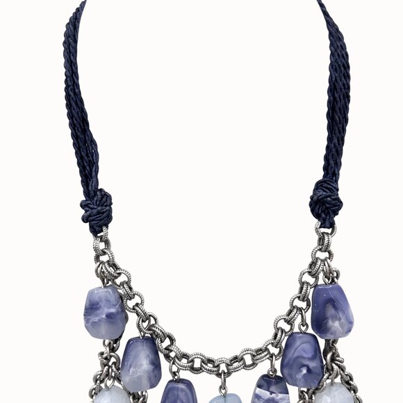 CHICO'S STATEMENT BLUE STONE SILVER CHAIN TASSEL BIB NECKLACE W/ BRAIDED CORD - Picture 3 of 5